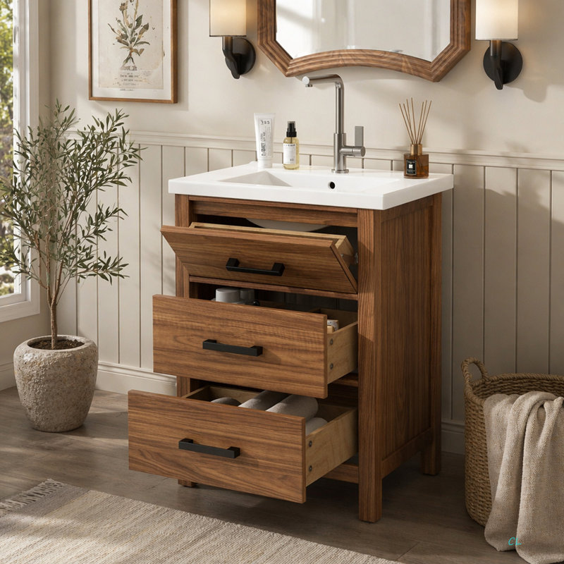 Meuble-lavabo autoportant 24 po avec lavabo en céramique 24 po, meuble-lavabo moderne avec 3 tiroirs