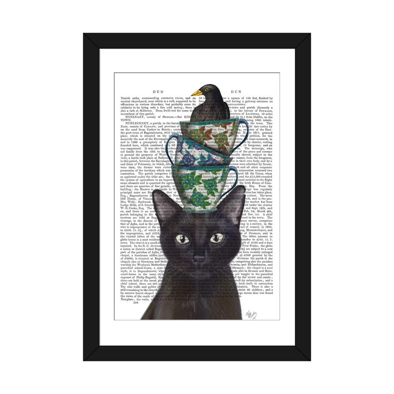 «Black Cat with Teacups and Blackbird I», impression sur toile, H 32 po x l 24 po x P 1 po, Papier d'art encadré noir, Blanc