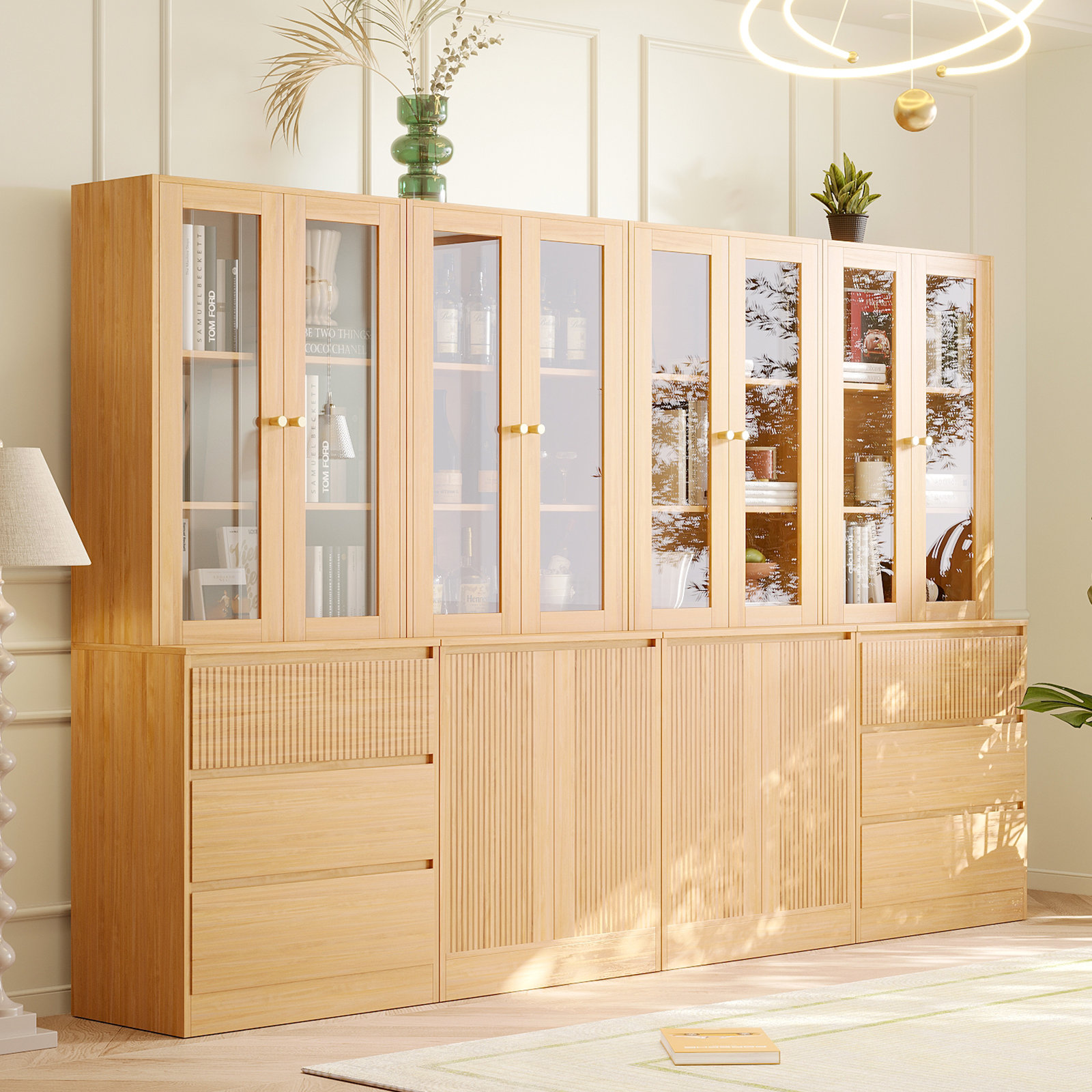 Latitude Run® 71" H X 94.5" W Bookcase Cabinet With Glass Doors & Large Storage Drawers(2A+2D) & Reviews | Wayfair