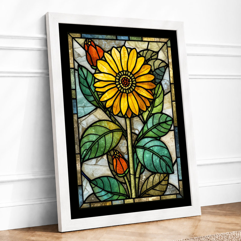 Stained Glass Daisy Botanical - Framed Print, A3 - 42.0 x 29.7 cm, White