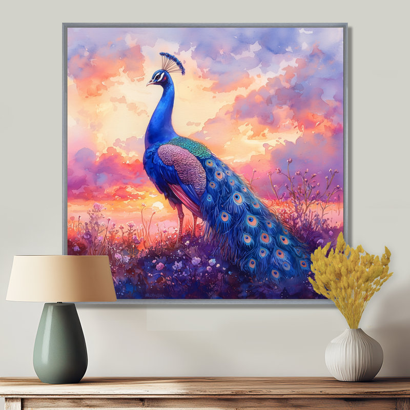 Paon à l'aube mauve II - Décoration murale animaux, Impression encadrée flottante, Argent argent, H 30 po x l 30 po
