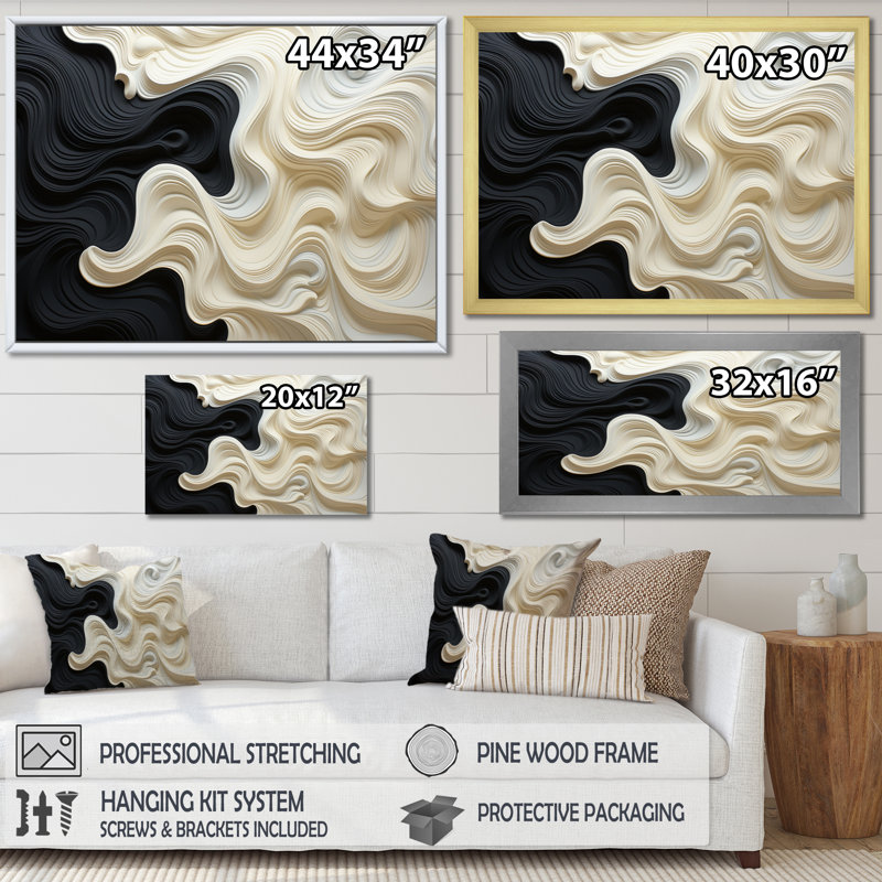 Noir blanc opt art contrastant des vagues - art mural Op Art, H 30 po x l 40 po, Toile tendue, Sans cadre