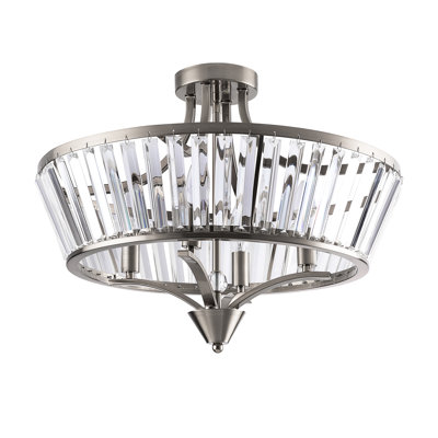 Plafonnier semi-encastré 20 po - 4 lumières en nickel satiné moderne en métal et cristal pour salon / chambre à coucher