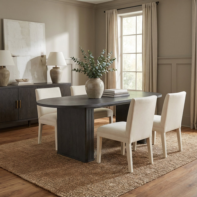 Extendable Oval Dining Table for 4 to 8 People, Modern Kitchen Table with Wooden Strip Base in Black Finish