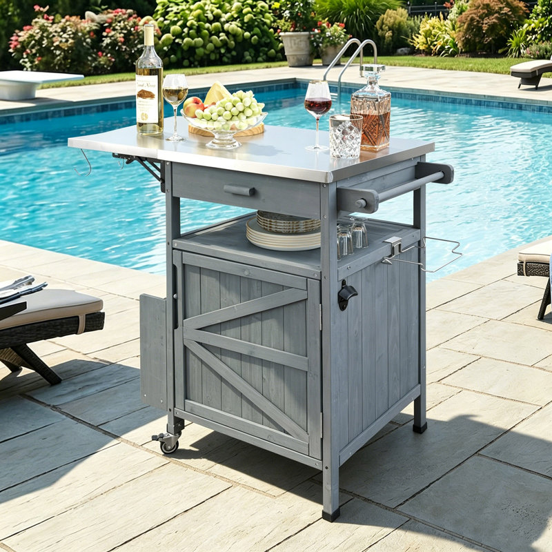 Melisandre 40.5" Outdoor Grill Cart Potting Bench Table With Drop Leaf Stainless Steel Top, Blue Gray