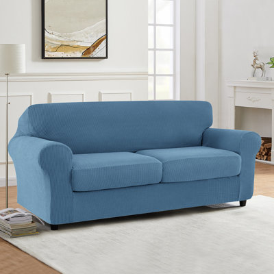 3 Piece Stretch Jacquard Couch Cover, Sofa Slipcover for 2 Cushion Couch, Machine Washable Furniture Protector(Loveseat, Denim Blue)