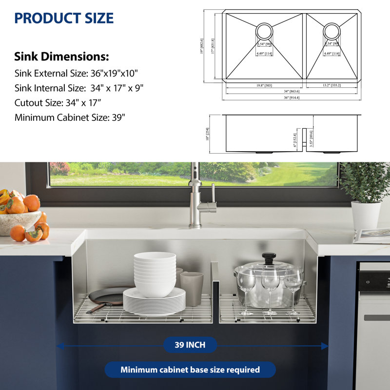 Évier de cuisine encastré à double cuve en acier inoxydable calibre 16 L 36 po x l 19 po