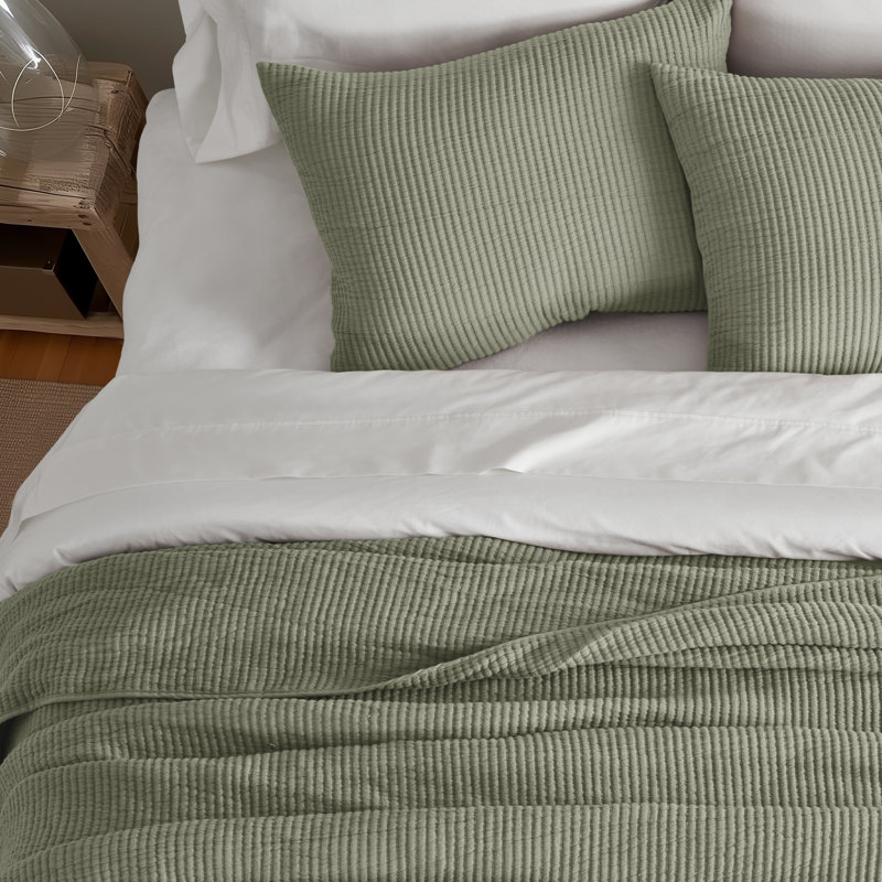Ensemble de couvre-lit en coton côtelé matelassé, Courtepointe pour lit grand + deux taies décorati, Vert sauge
