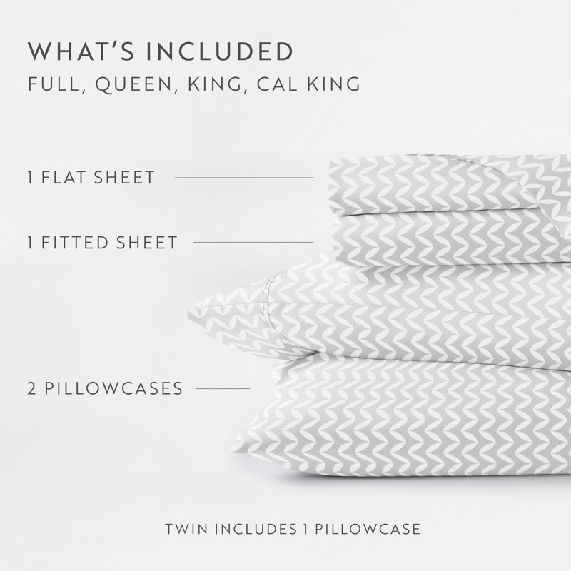 Simply Soft Chevron Geo Pattern Sheet Set, Queen Sheet Set + Fitted Sheet + 2 Pillowcases, Gray
