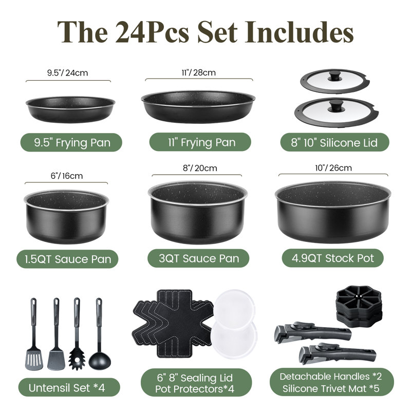 24-Piece Nonstick Cookware Set Removable Handles, Stackable, RV Cookware Sets,Black