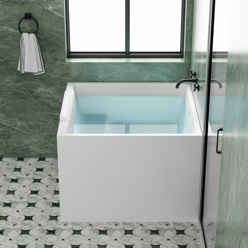 Baignoire de trempage en acrylique carrée autoportante l 39 po x P 39 po avec siège intégré, bonde escamotable et trop-plein rainuré, blanc