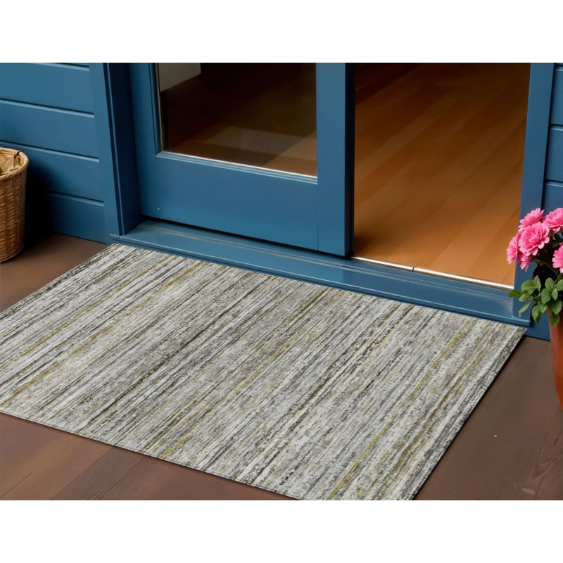 3' X 5' Pewter Striped Washable Indoor Outdoor Area Rug
