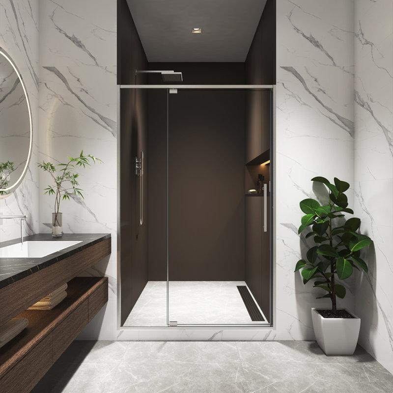Porte de douche pivotante de 44 à 48 po x H 74 po, ouverte à l'extérieur, arrêt à 105 degrés, avec finition en verre trempé de 5/16 po