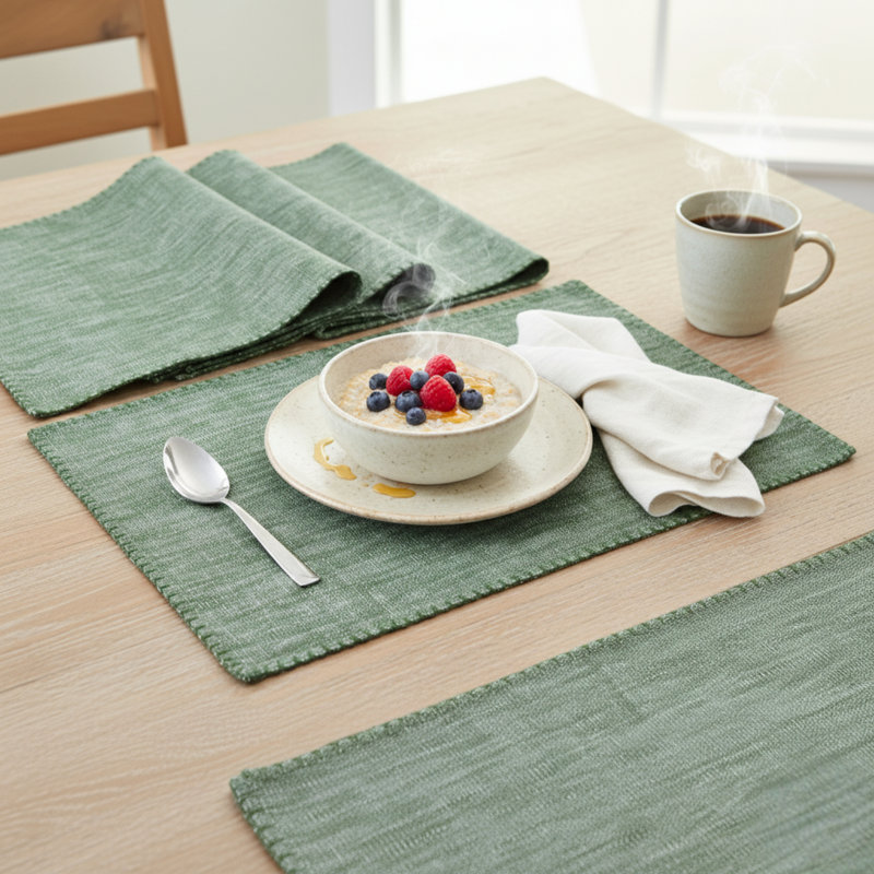 Cotton Dining Table Placemats With Decorative Stitched Edge  Rectangle Table Place Mats  (Set of 4), Green 