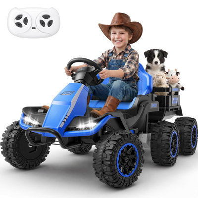 Alex 24V 6 Wheels Ride on Tractor with Detachable Trailer, Parent Remote Control, Kids' Electric Vehicles Ride On UTV, 2x100W Motors, EVA Tires, Remote Control, Bluetooth,Music, 2 Speeds, Gift