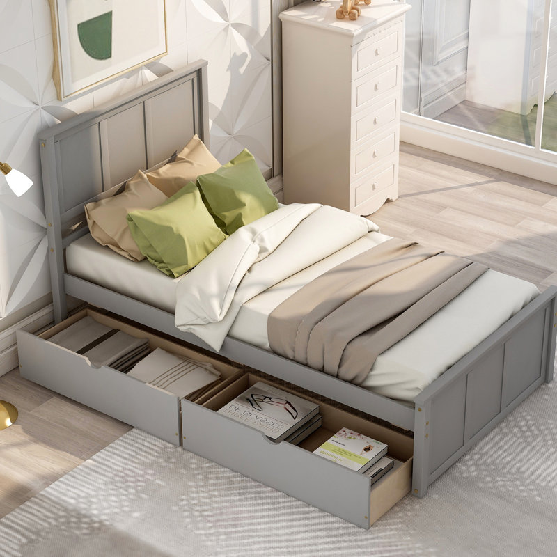 2 lits plateforme simple avec roulettes, couleur grise, bois massif et 2 tiroirs de rangement coulissants, Gris