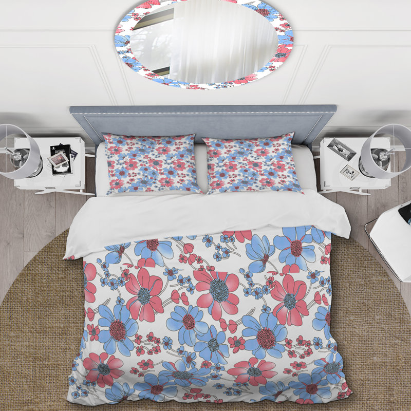 Ensemble de housse de couette floral bleu et rose - Polyester en microfibre