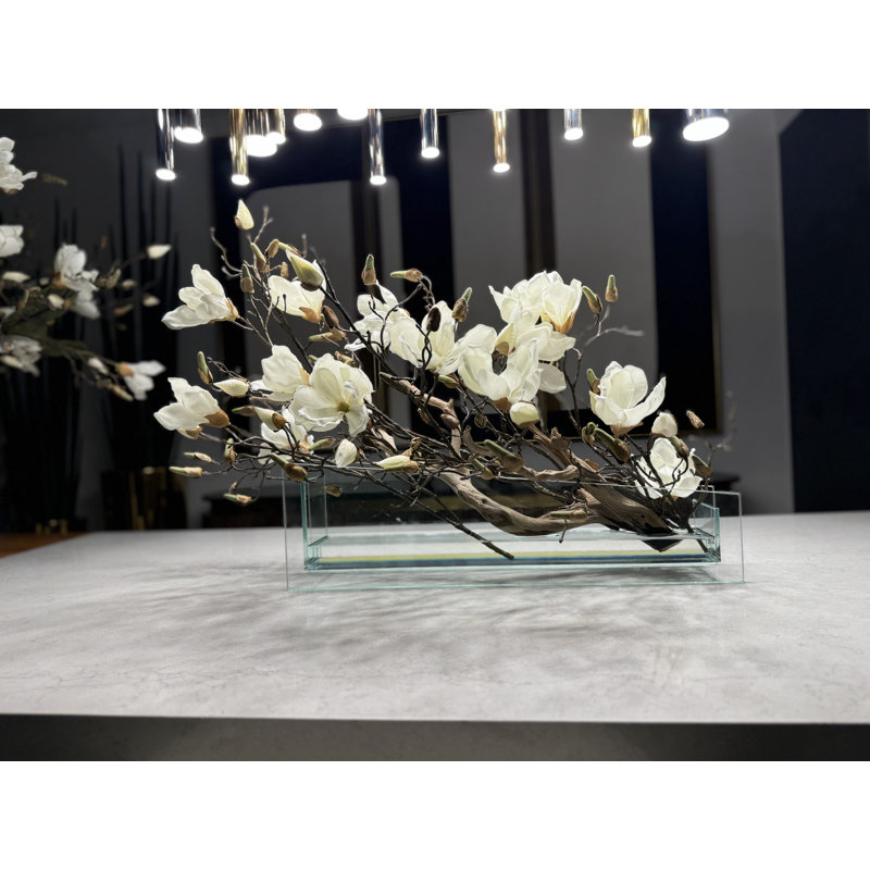 Sloped Glass Planter With White Magnolias