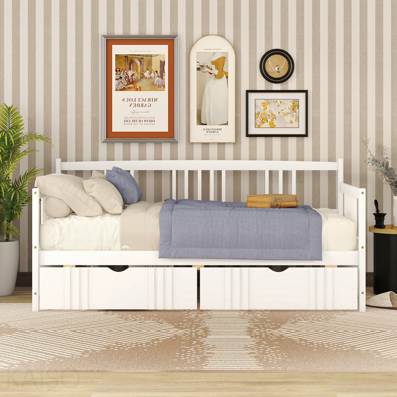 Lit de jour simple en bois avec deux tiroirs, blanc, Blanc