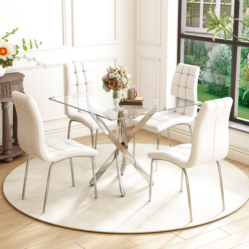 5 - Piece Pedestal Dining Set, Silver, White/Silver