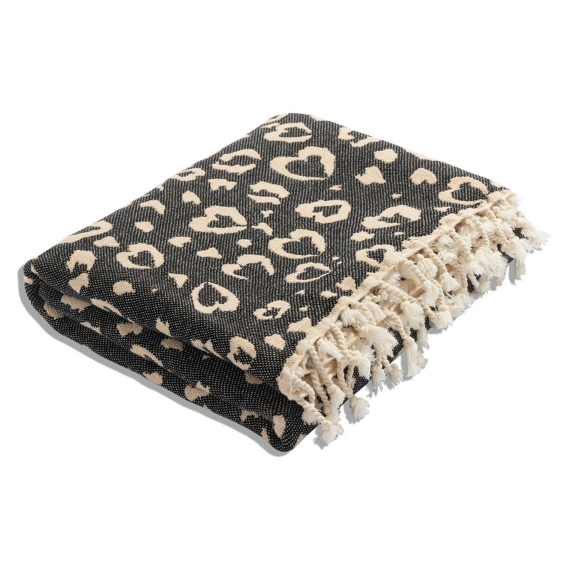 Jeté pour canapé ou canapé Antalya Leopard Heart Turkish, en coton biologique doux, toutes saisons, 74 po x 54 po, Noir