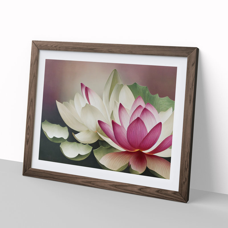 Harmonious Lotus Flowers - Single Picture Frame Print, 25cm H x 34cm W x 2cm D, Walnut