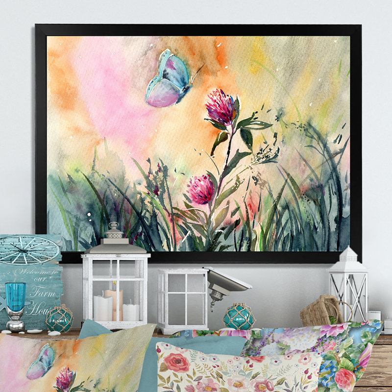 «Butterfly Botanical Summer Rose Flowers», reproduction sur toile flottante, Cadre noir, H 8 po x l 12 po x P 1 po