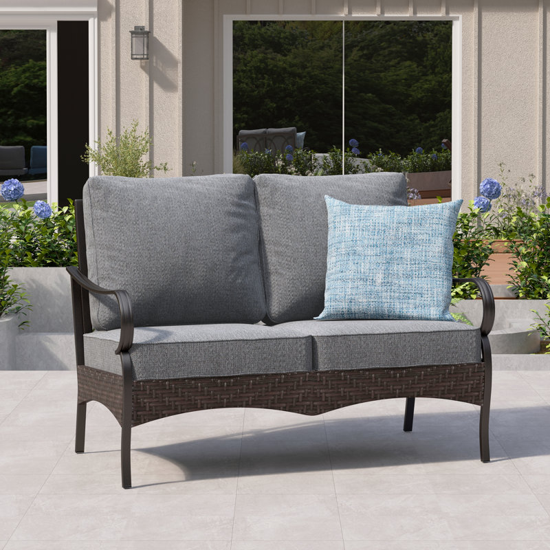 53'' Wide Metal Outdoor Loveseat with Cushions & Wicker Decor, Gray