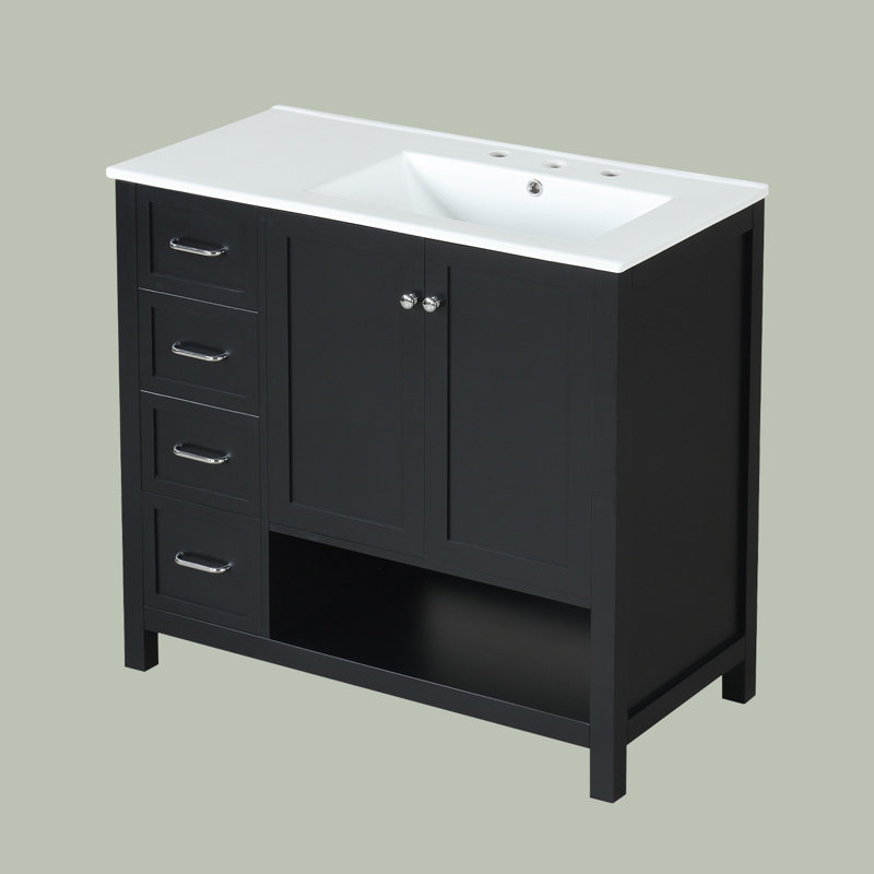 Meuble-lavabo 36 po avec lavabo en céramique, Noir, Argent argent