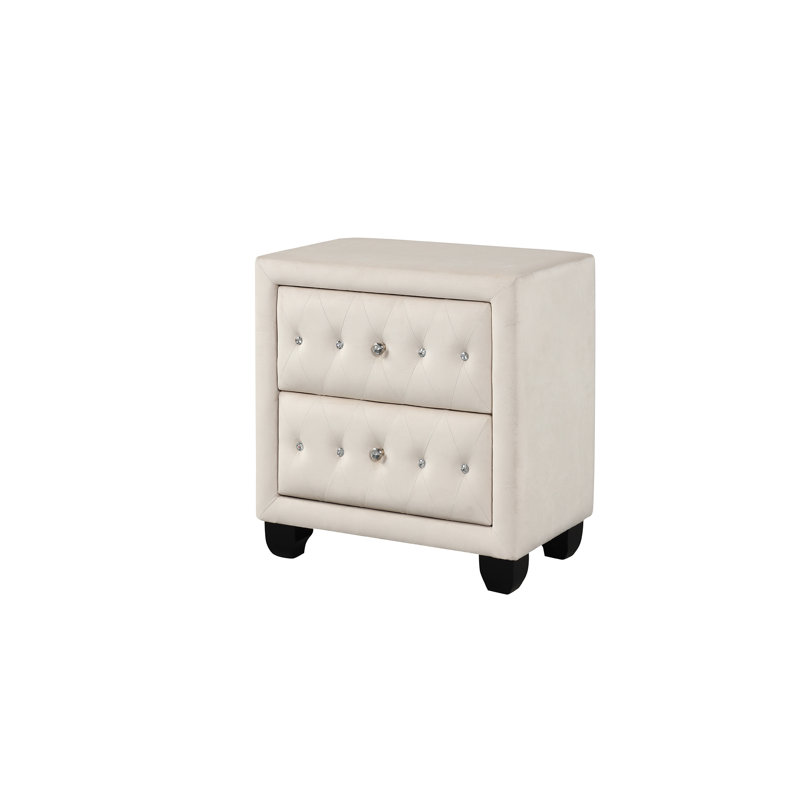 Table de chevet 2 tiroirs de style moderne, capitonnée en velours, crème et structure en bois | Idée de cadeau
