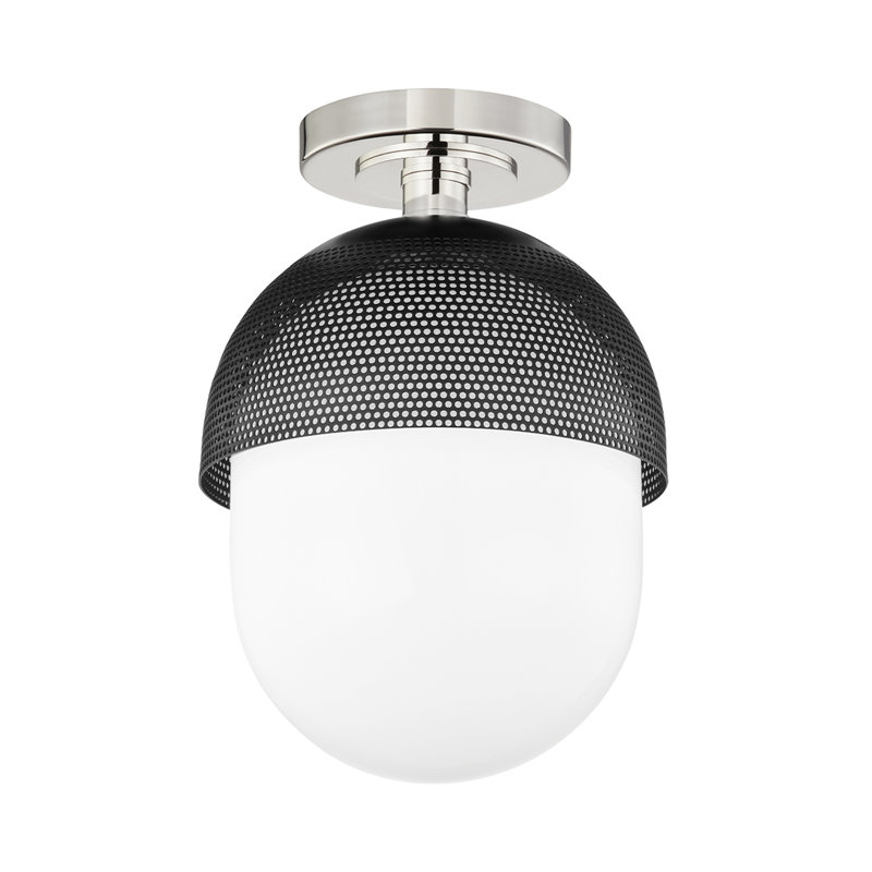 Polished Nickel and Black Glass Indoor/Outdoor Semi-Flush Light