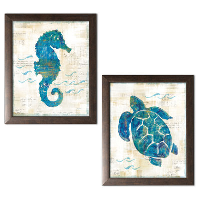 «Lovely Nautical Turquoise and Cream Turtle and Seahorse Ocean» par Sue Shlabach, ensemble de 2 reproductions d'art sur toile