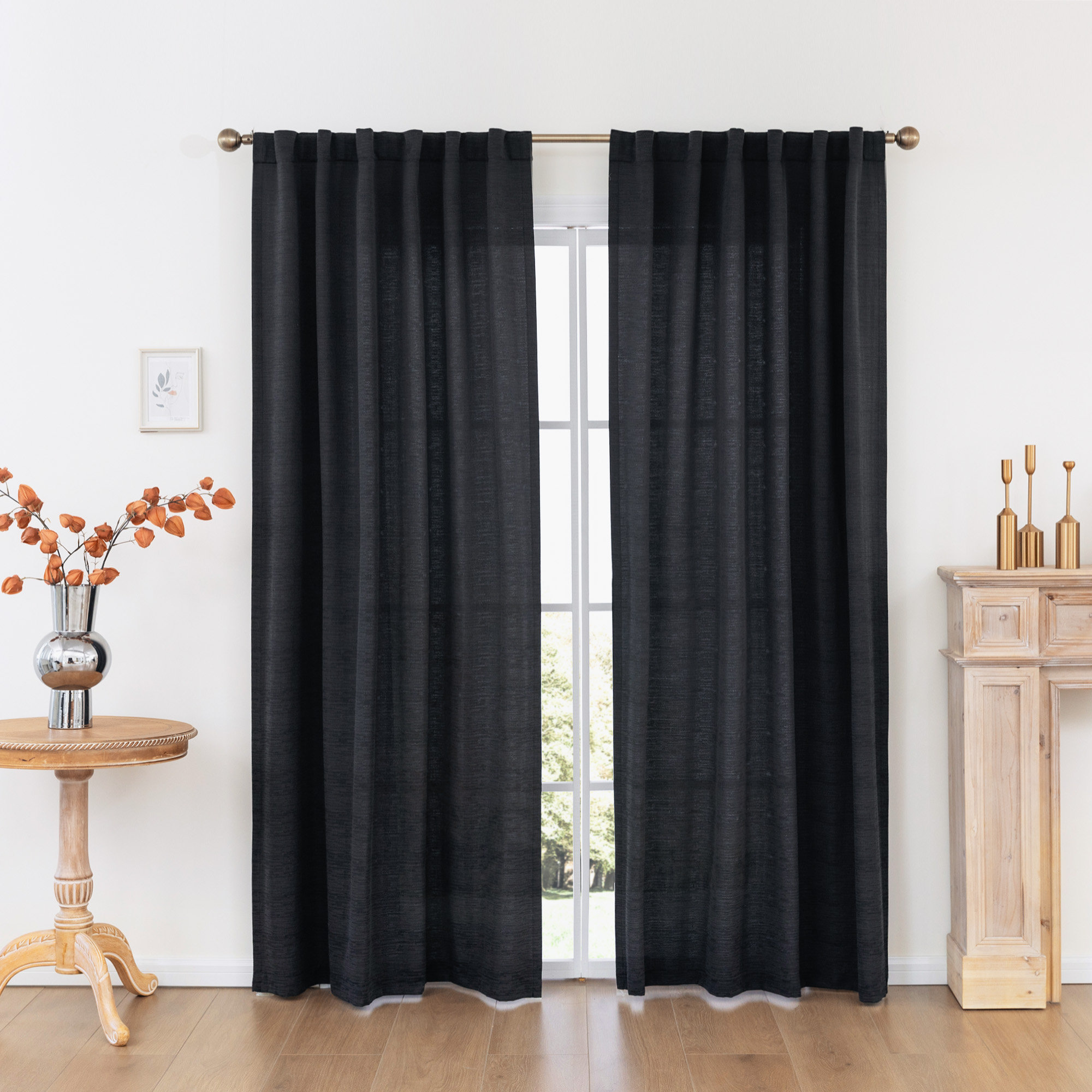 Wulfram Cotton Blend Textured Semi-Sheer Back Tab/Rod Pocket Curtain Pair, 52" W x 84" L, Black
