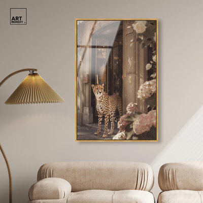 Cheetah at the Store Framed High-Gloss Acrylic Glass Wall Art Fashion Designer Wall by Art Remedy, Gold Frame, 30 x 45