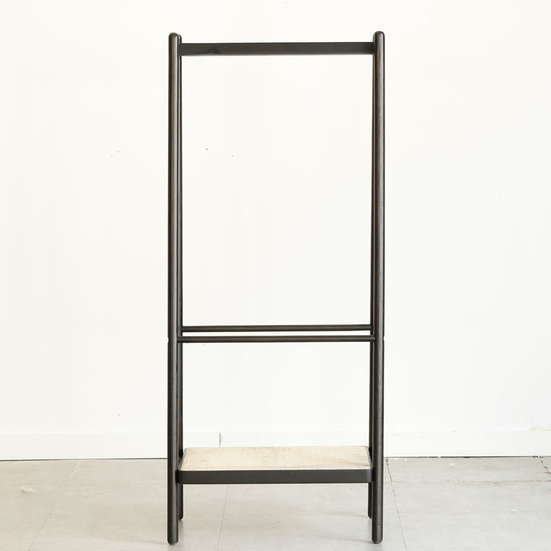 (Black) Solid Oak Wood Clothes Rack, Black Rattan Hanger Rack-Clothes Rack With Shelves, Cloth Hanger Standing Garment Racks For Hanging Clothes