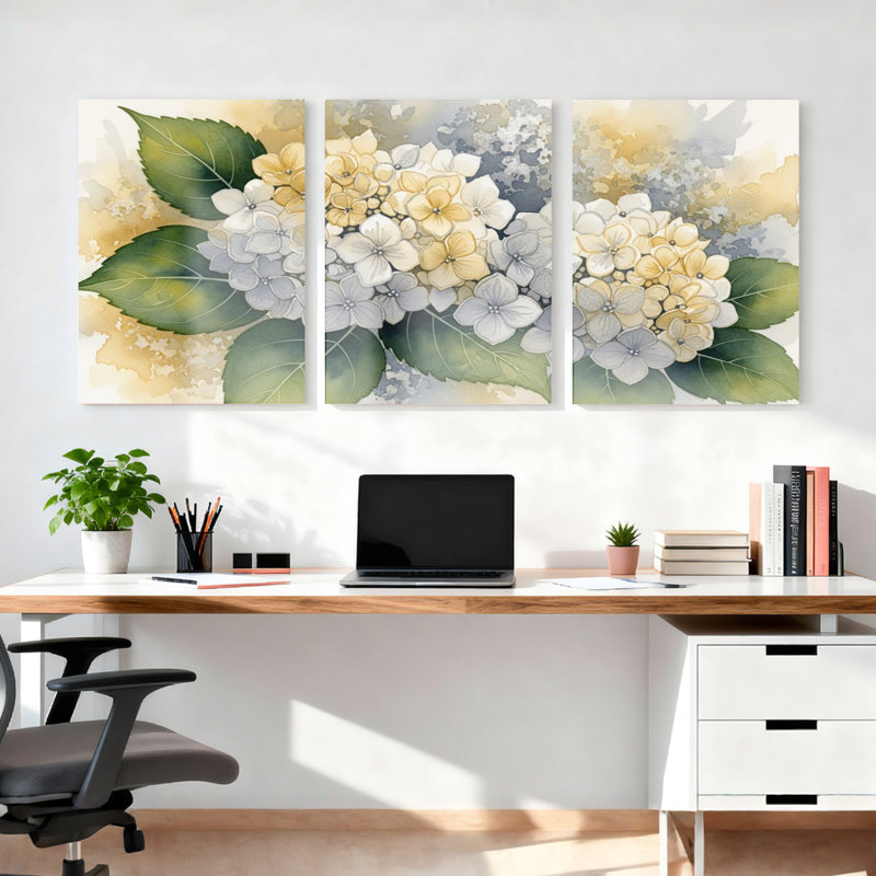«Hydrangea», impression sur toile tendue à l'aquarelle sur toile, ensemble de 3, H 18 po x l 36 po