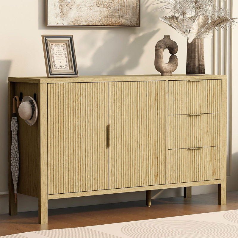 Modern Wave-Pattern Sideboard with 3 Drawers, Large Storage Buffet Cabinet with Hooks and Extra Centre Leg