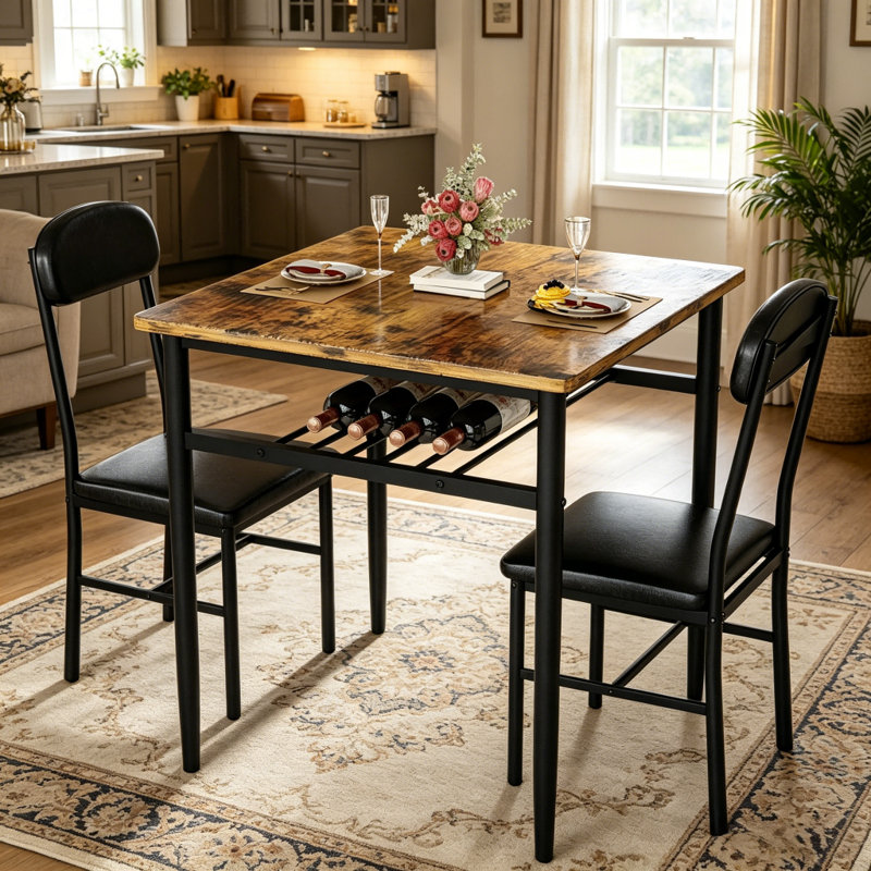 Ensemble de salle à manger 3 pièces pour petit espace avec support à vin intégré, table de cuisine carrée avec 2 chaises rembourrées, coin-repas compact