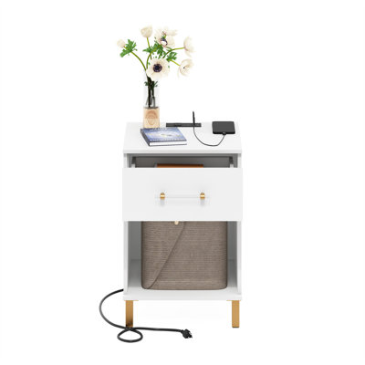 Mercer41 Pinelopi End Table, Side Table with USB and Type-C Charging Station, White by Mercer41