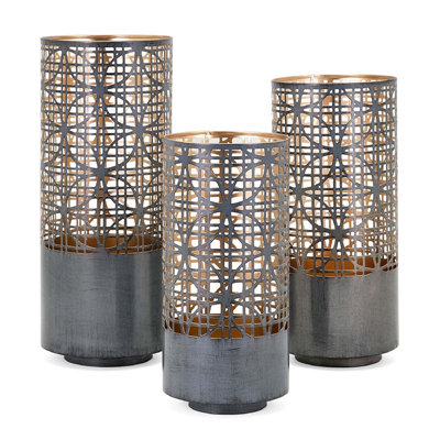 Ensemble de 3 lanternes en fer gris et bronze avec motif en treillis