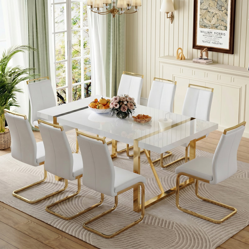 9-Piece Modern Glam Rectangular High-Gloss Dining Set with Faux Leather Cantilever Chairs, 9 Pieces: Table, 8 Chairs, White