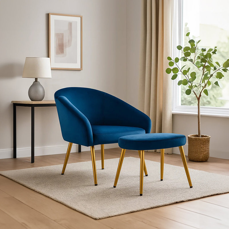 72cm Wide Velvet Footstool Ottoman, Blue