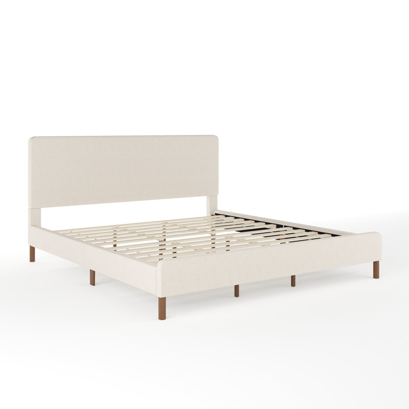 King Beige Linen Upholstered Platform Bed with Walnut Legs