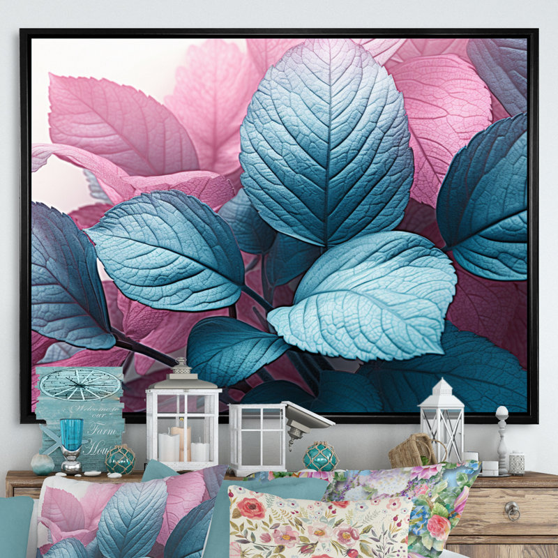 Feuille de splendeur rose turquoise sur toile, Cadre flottant noir, H 12 po x l 20 po x P 1 po
