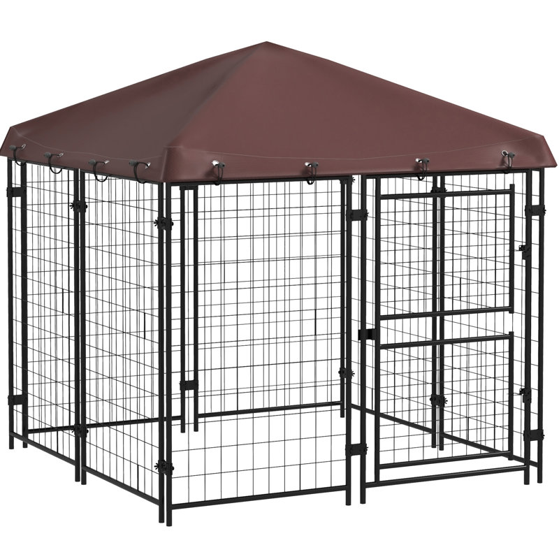 Chenil d'extérieur pour chien de 4,6 pi x 5 pi, imperméable, acier pour chiens de taille moyenne et petite, abri-abri brun, robuste à deux portes