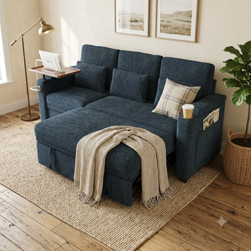 Canapé-lit pliant de 83 po, canapé-lit coulissant pour 3 personnes avec table et ports USB, dossier réglable, 83", Bleu