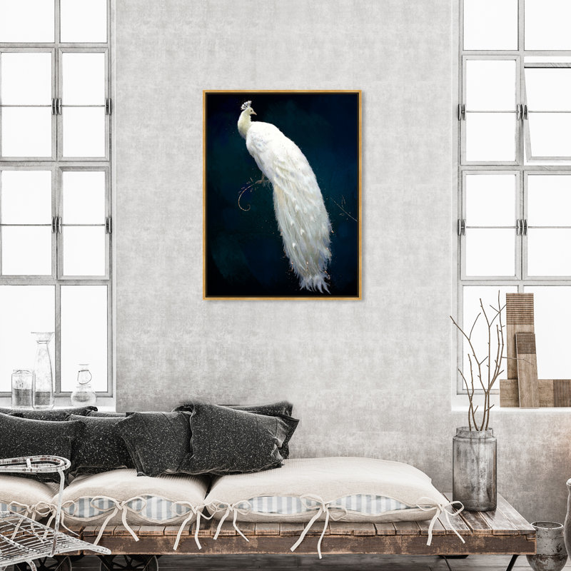 Habillée de plumes de paon glamour blanc moderne - cadre flottant, impression, Cadre doré, H 46 po x l 31 po