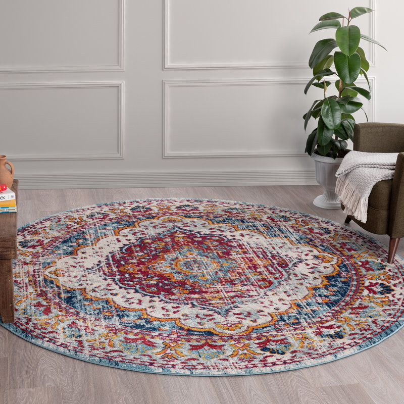 Teshawna Esmay Performance Blue/Red Medallion Rug, Round 7'10"