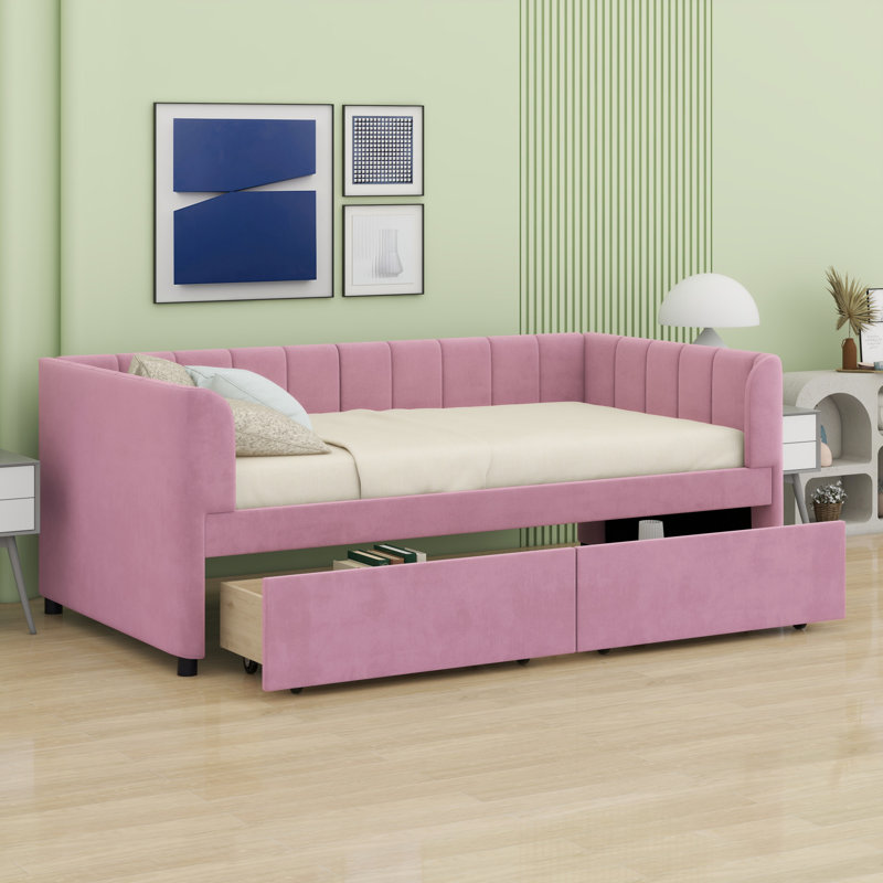 Lit de jour rembourré avec dossier ergonomique et tiroirs, Rose