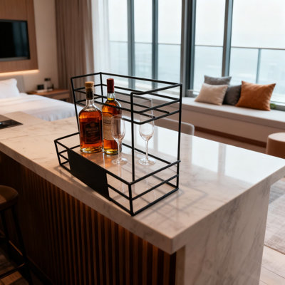 6-Bottle Bar Organizer Rack - Premium 2-Tier Metal Display Stand For Wine, Liquor, Coffee Syrups, And Condiment Bottles - Space-Saving Kitchen And Countertop Storage Solution